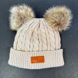 Fas Jeans Kids Cream Knit Outdoor Cozy Beanie Hat with Faux Fur Pom Poms